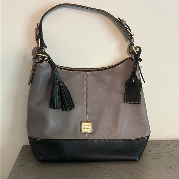 Dooney & Bourke Two-Tone Gray & Black Leather Charm Tasselled Hobo & Dust Cover - Picture 1 of 9